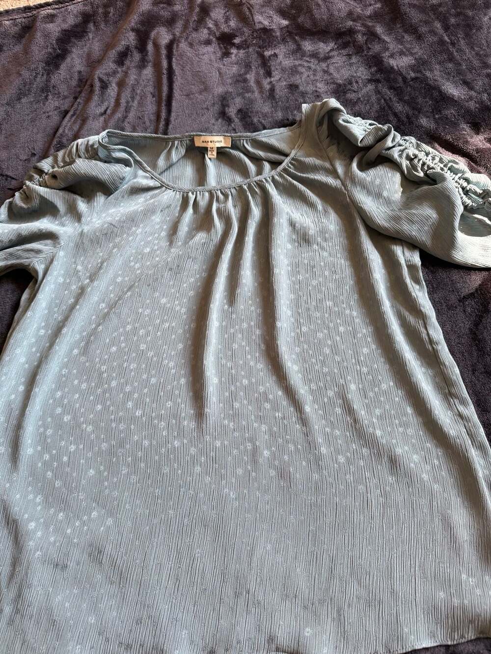Max Studio Sage Green Shimmer Daisy Dot Short Ruffle Sleeve Blouse Top Medium